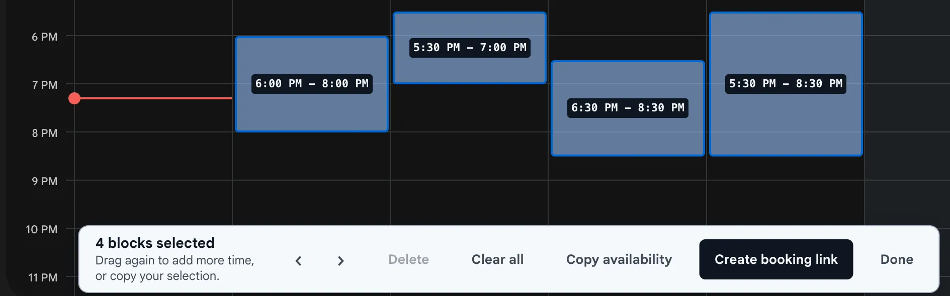 A week of Google Calendar with four evening time blocks selected and a bar of options, including Copy availability.