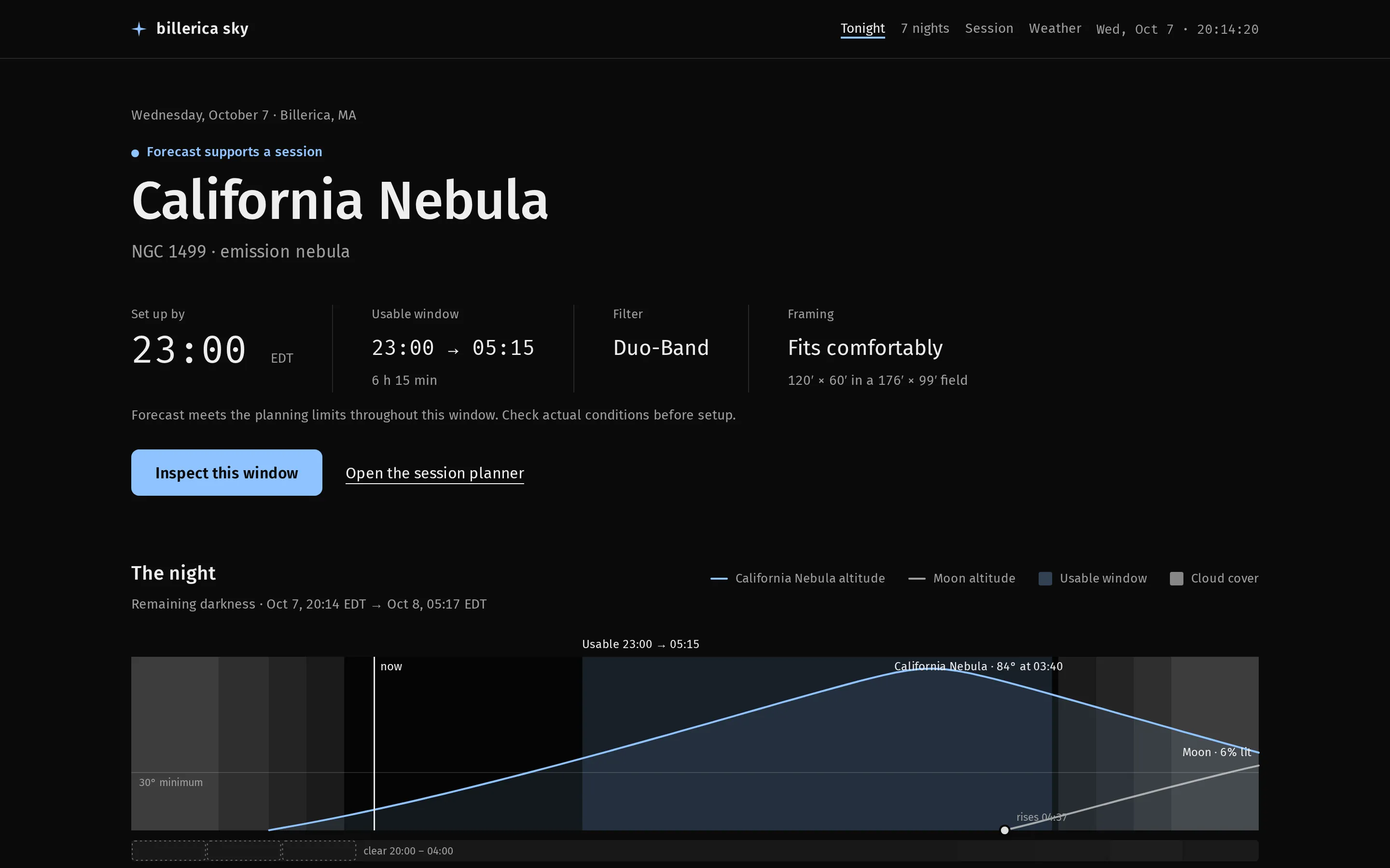The Tonight page recommending the California Nebula, with setup time, usable window, filter and framing, above a chart of the target's altitude through the night.