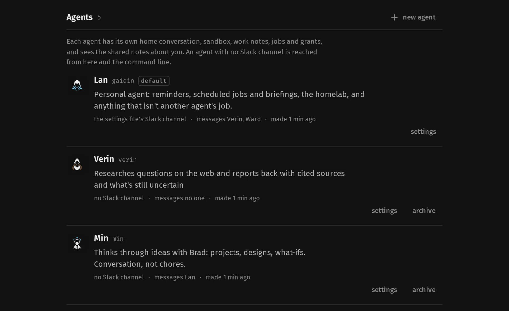 The Agents page listing Lan as the default agent, then Verin and Min, each with its job, its Slack channel and which agents it may message.