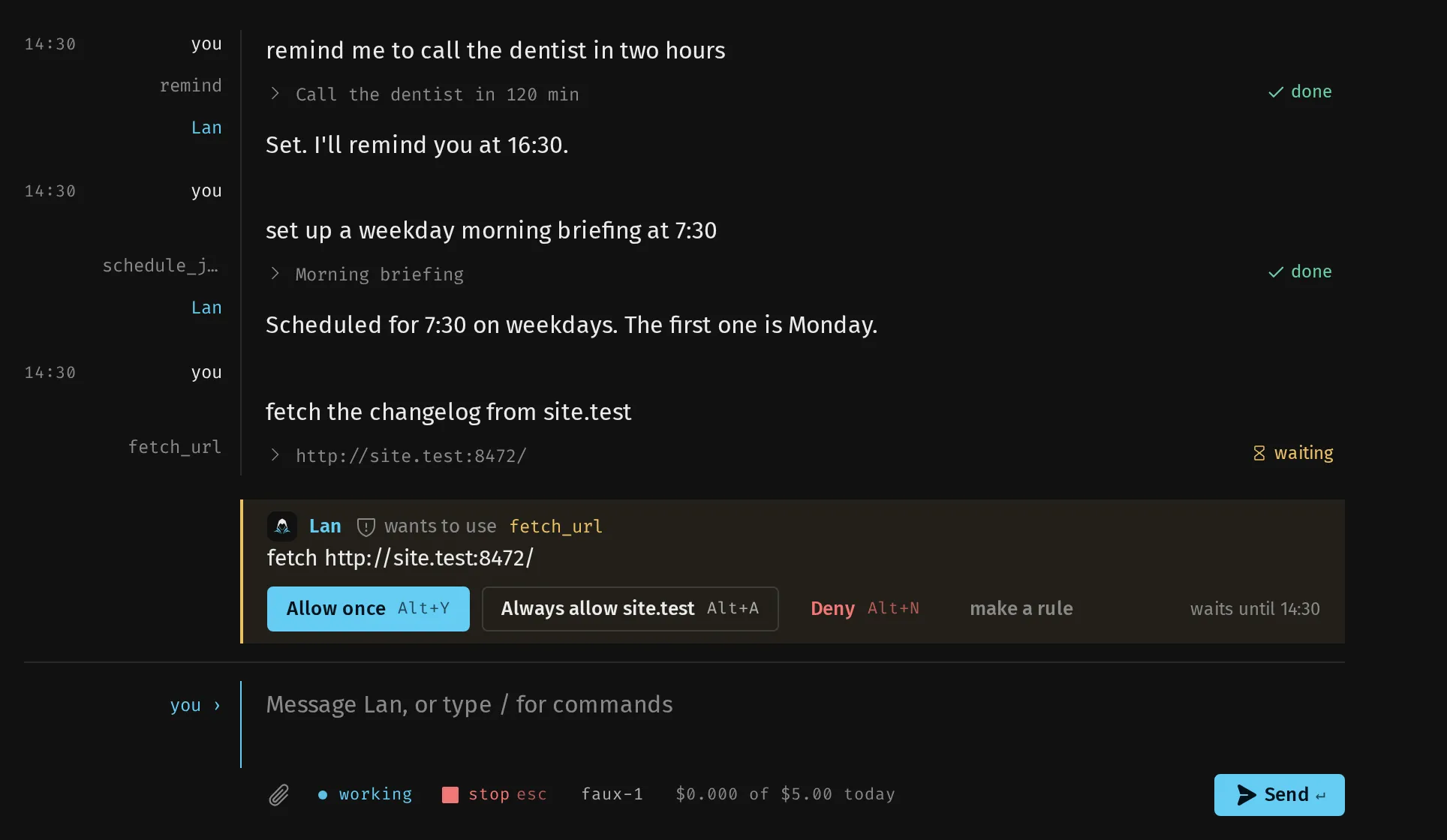 Lan’s conversation with a reminder set, a weekday morning briefing scheduled and a fetch_url call waiting, with an approval card offering Allow once, Always allow site.test, Deny and make a rule.