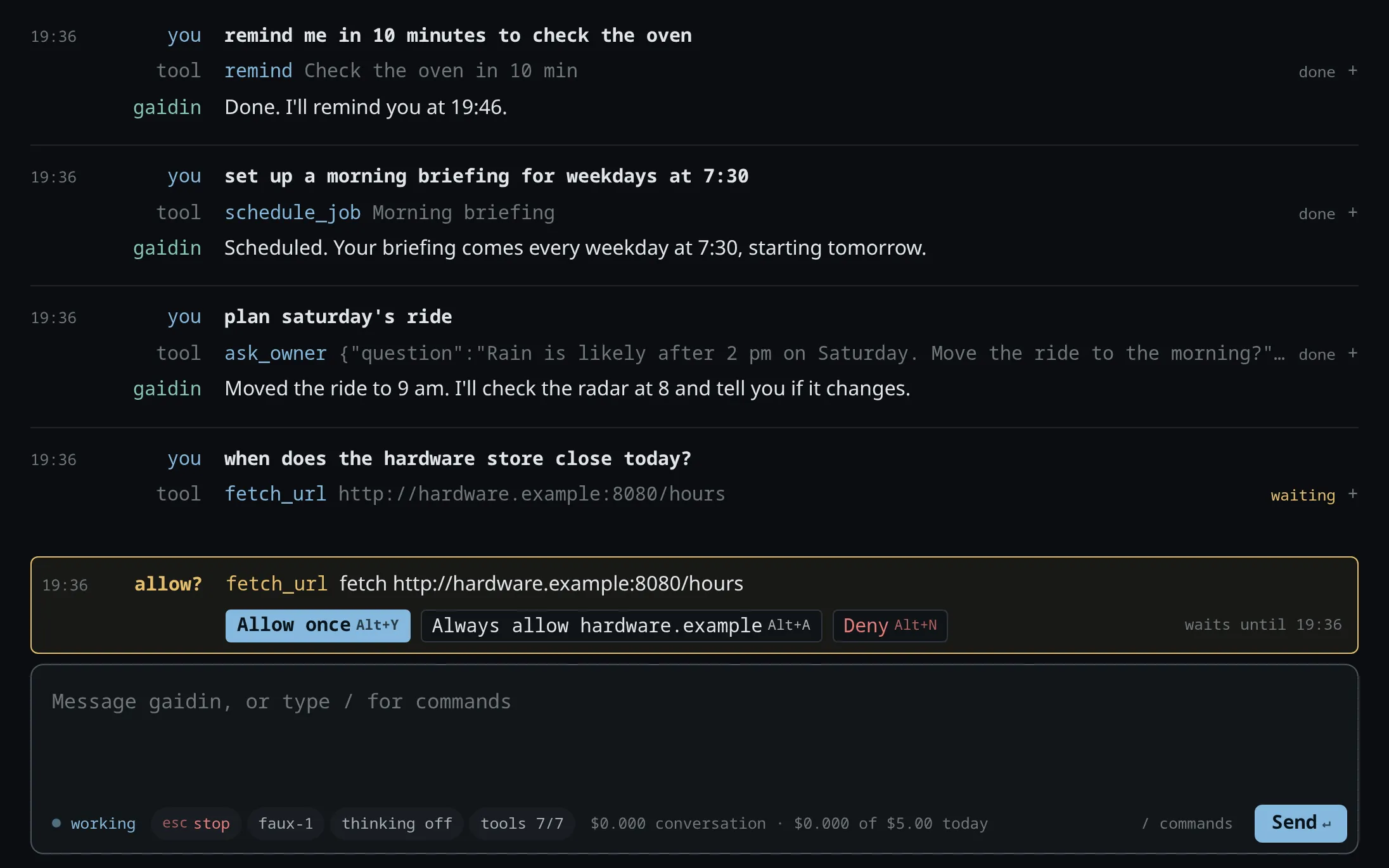 The gaidin web console: four exchanges with tool calls for a reminder, a scheduled job, a question and a web fetch, with the fetch waiting on an Allow once, Always allow or Deny prompt above the message box.