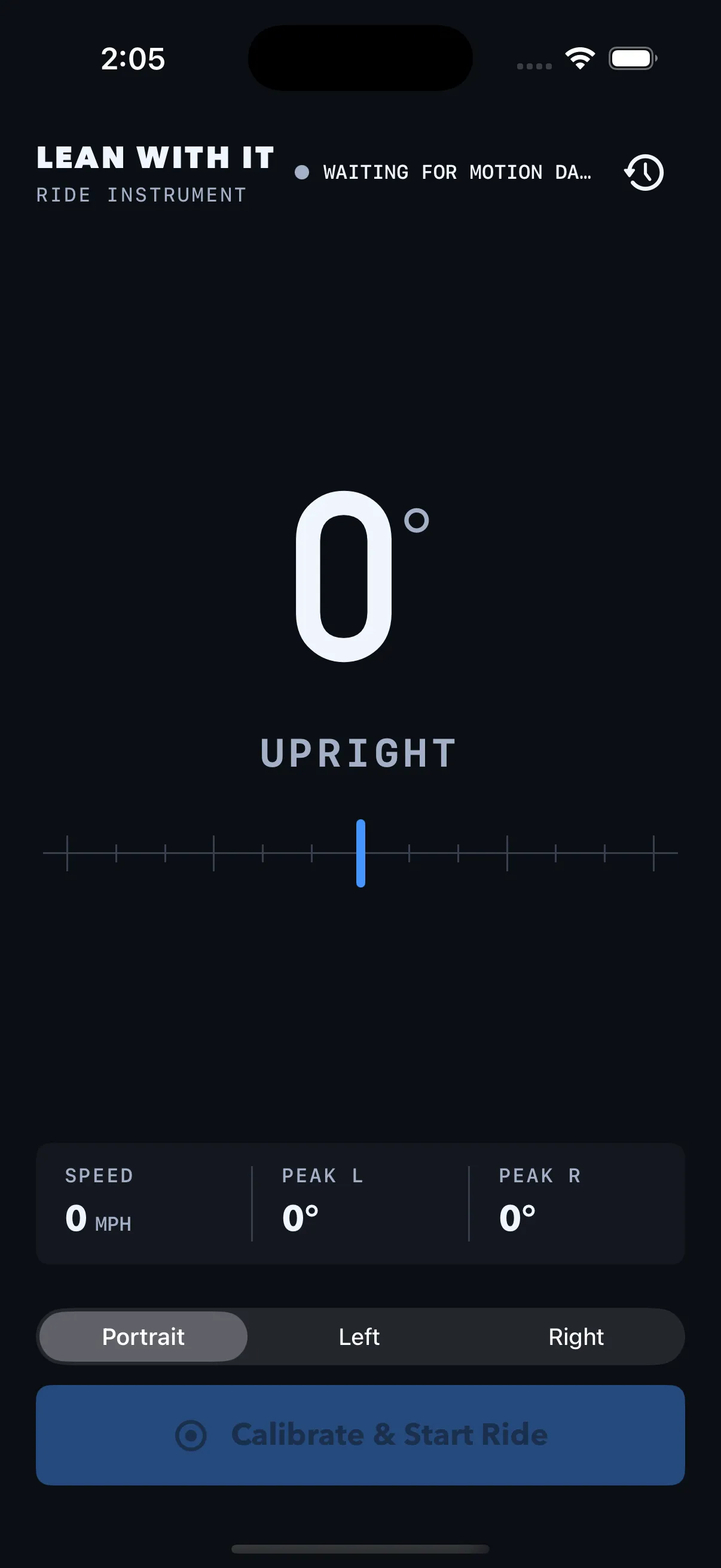 The Lean With It ride screen on an iPhone: a large lean angle readout, a horizontal lean gauge, speed and peak lean, and a Calibrate & Start Ride button.