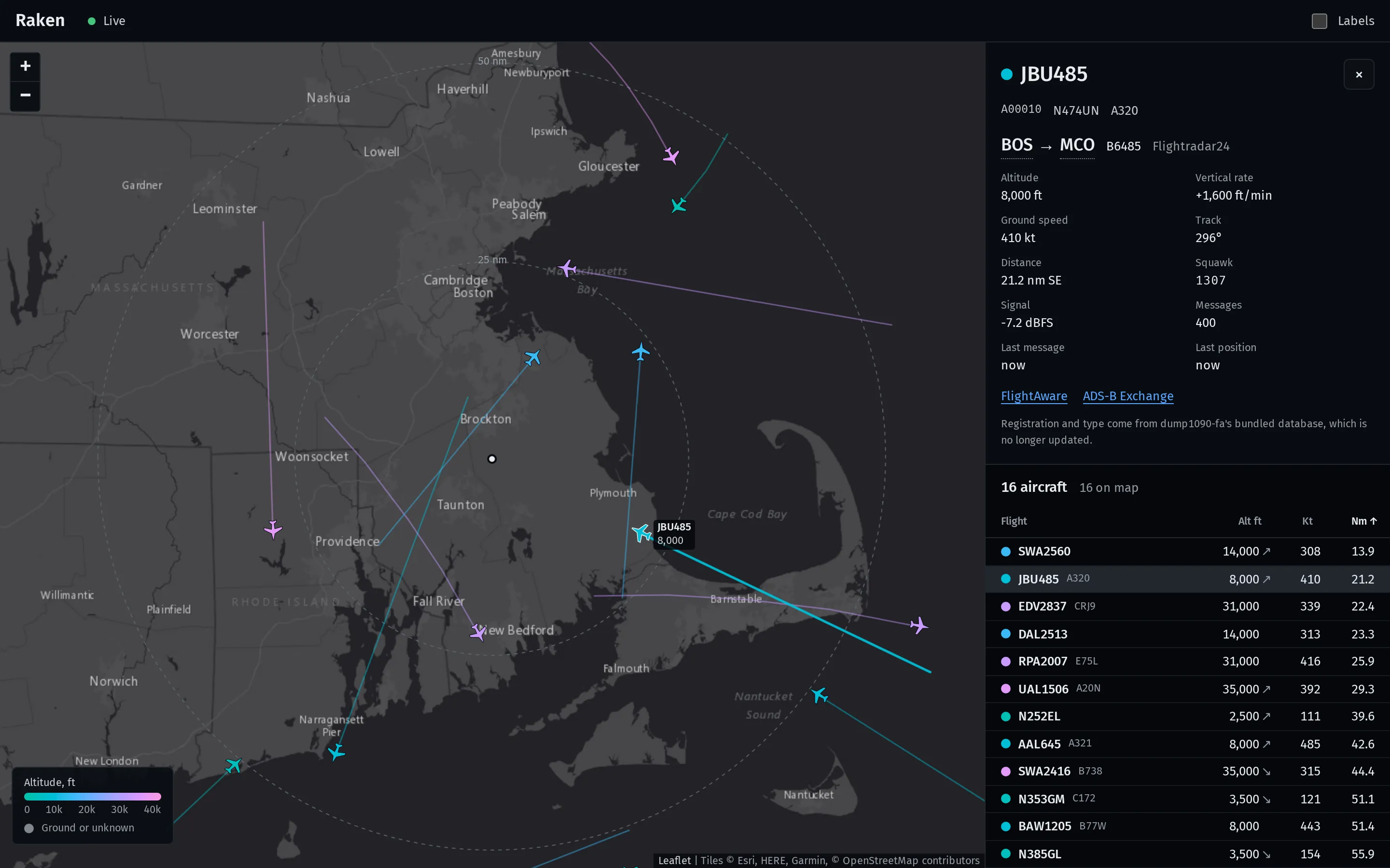 Raken's dark map of eastern Massachusetts with aircraft, their trails and range rings, a detail panel for one flight and a table of aircraft sorted by distance.