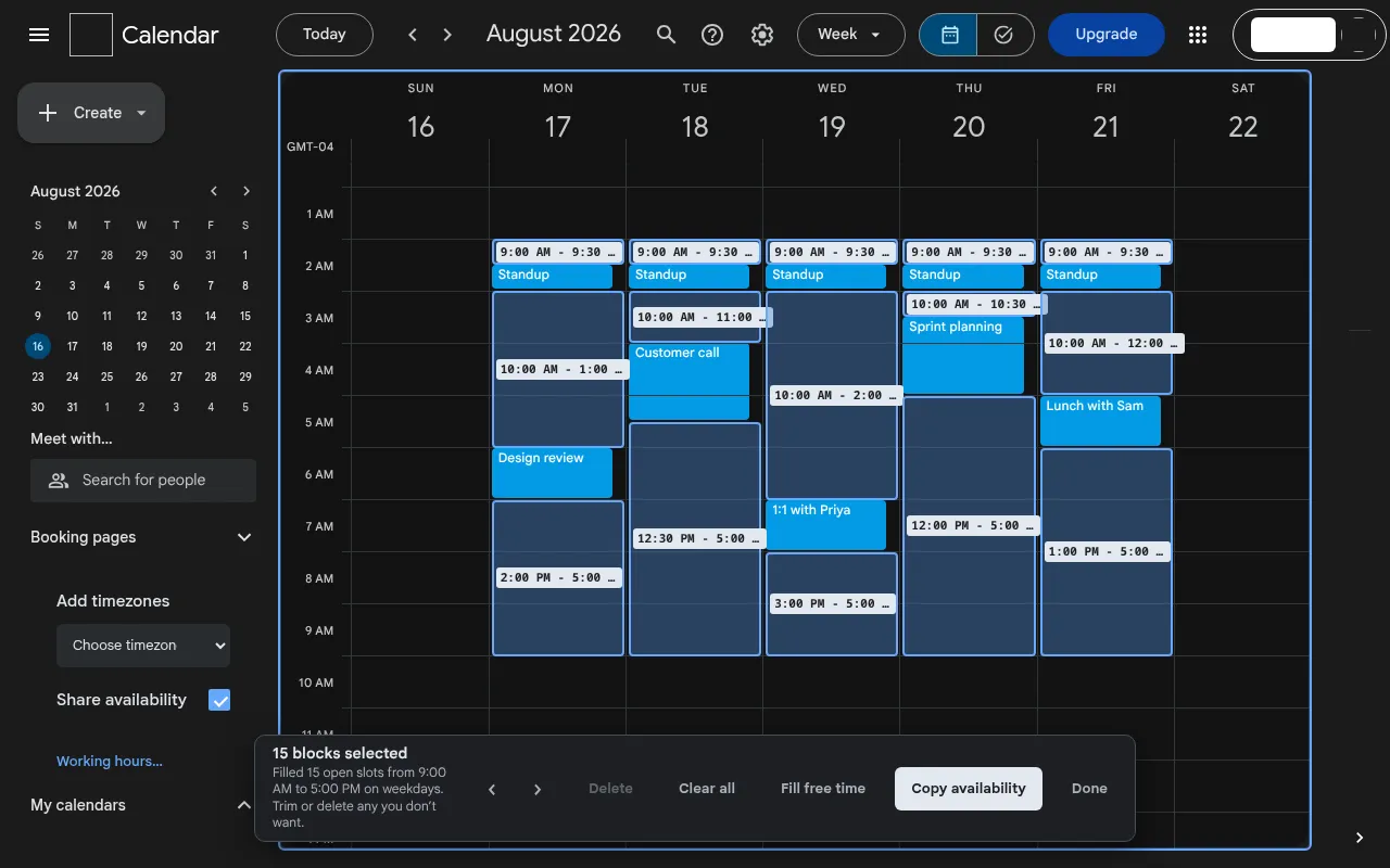 Google Calendar's dark week view with fifteen open blocks selected around meetings from Monday to Friday, and Slotclip's bar offering Clear all, Fill free time, Copy availability and Done.